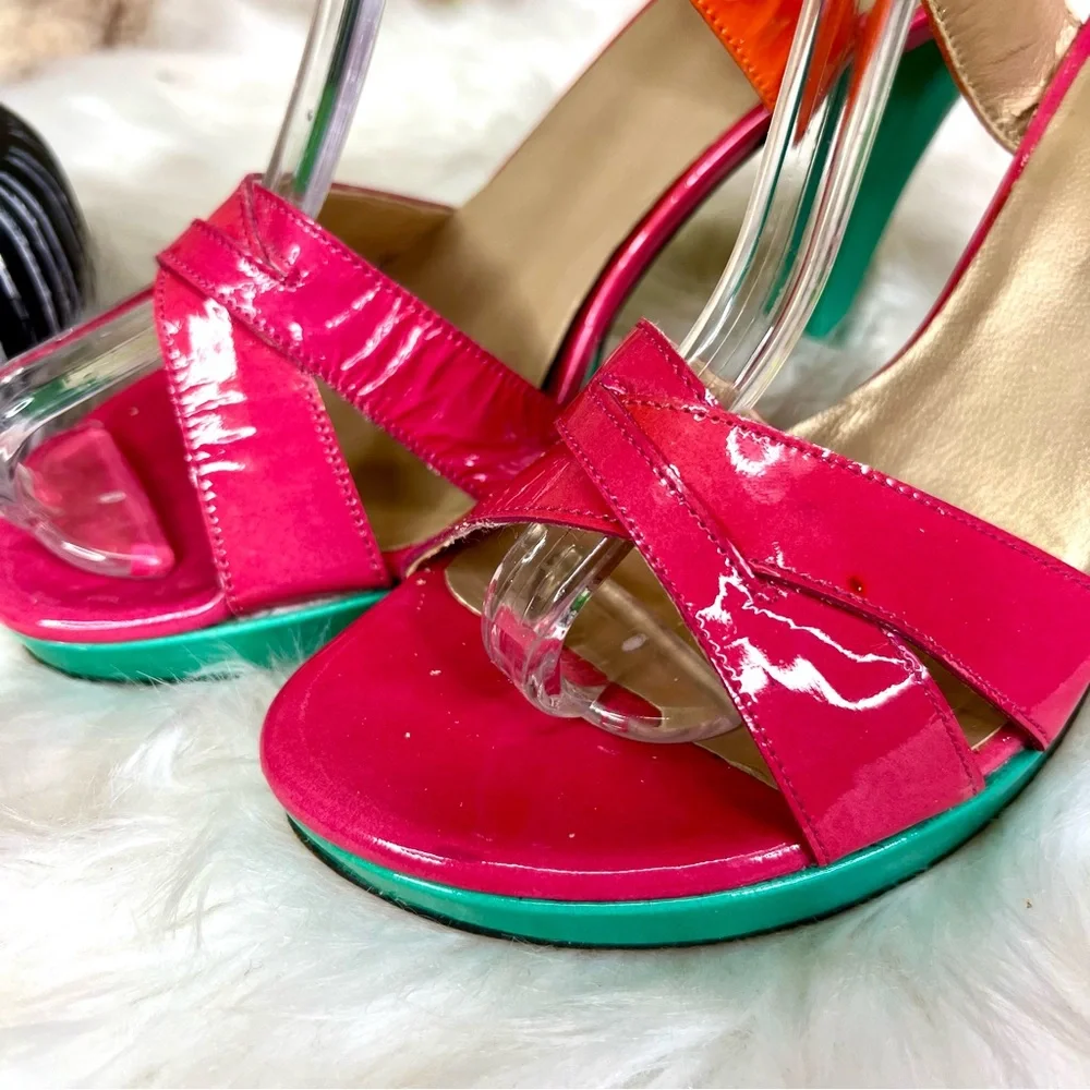STUART WEITZMAN Patent Leather Multicolor Strappy Platform Sandals, 6.5 - Picture 3 of 15